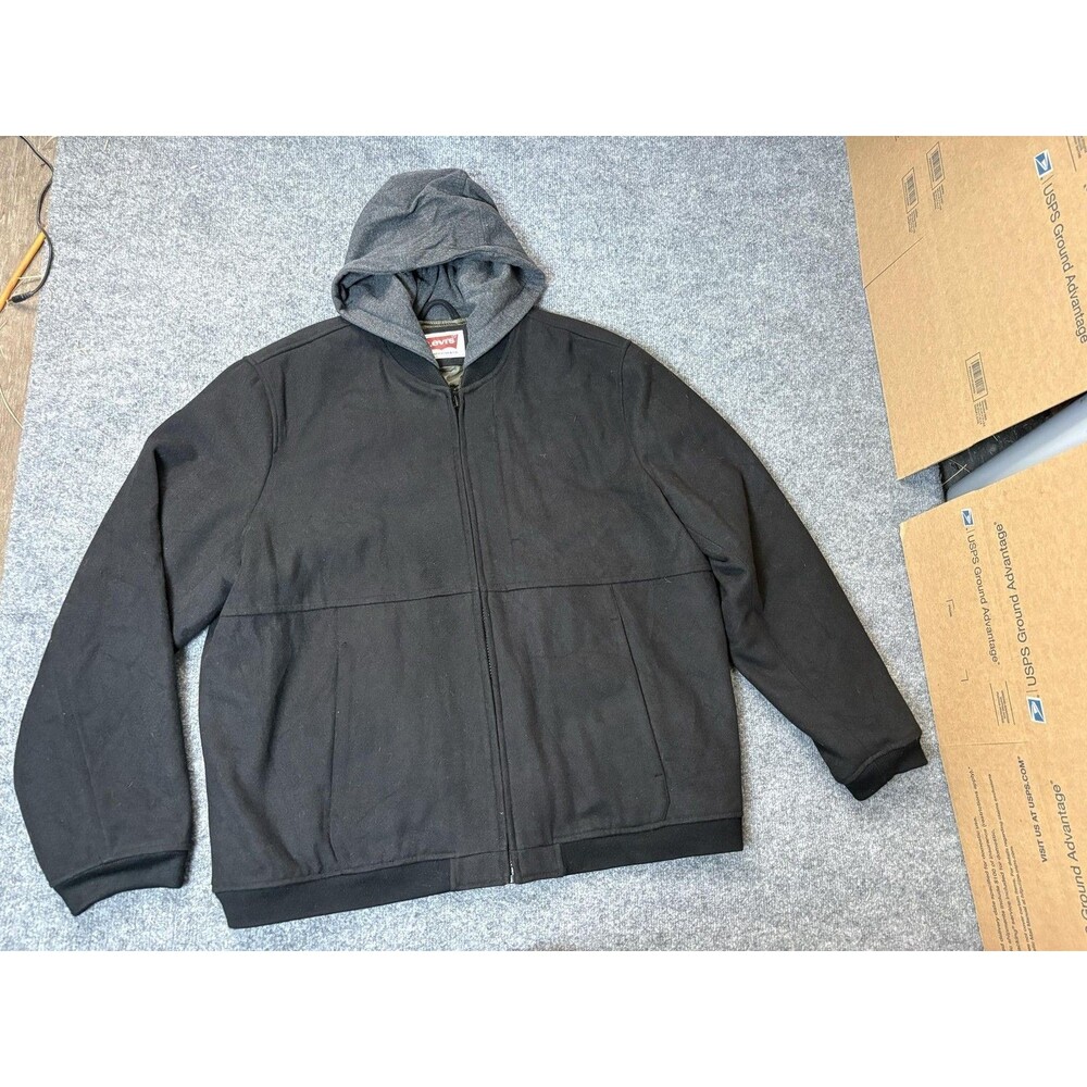 Levi's Jacket Mens 2XL Black Hooded Canvas Full Zip Quilted Lined Bomber Winter